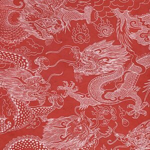 Black Ink Nepalese Puff Prints Dragon Beasts - Red/White 19.5 X 30 In